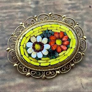 Vintage Micro Mosaic Brooch w/ Gold Tone Filagree